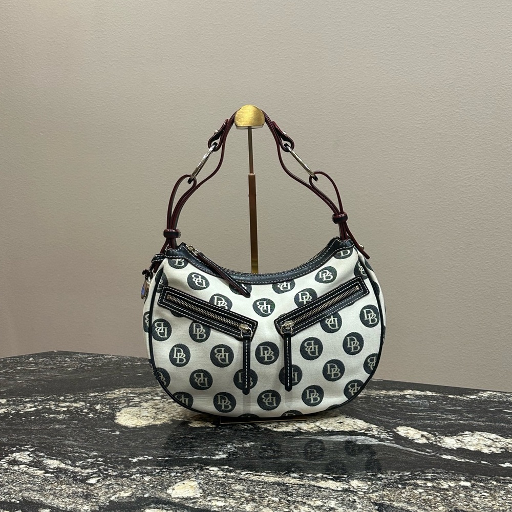 Dooney & Bourke Y2K White Logo Crescent Shoulder Bag with Dark Brown Trim - Picture 1 of 13